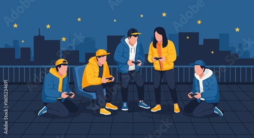 Young People Enjoying Video Games Under The Starry Sky In The City
