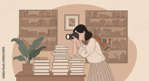 Young Photographer Capturing Still Life With Books Shelves And Indoor Plants