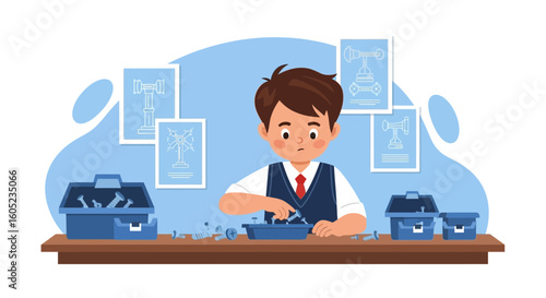 Young Student Intently Constructing Robotic Device In Classroom Setting Presentation