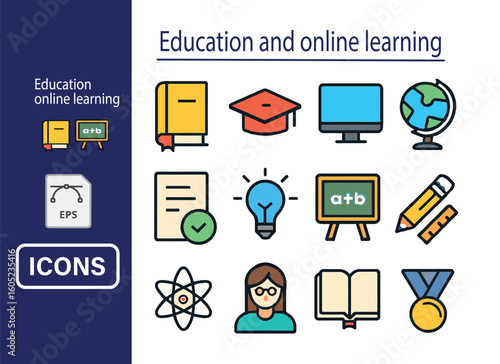 Education and online learning icons, flat colorful style, vector pack for e-learning and school materials
