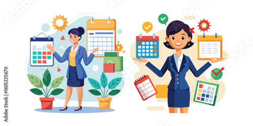 Efficient Businesswoman Managing Calendar and Appointments with Planner and Laptop – Professional Time Management Concept Vector Illustration on White Background