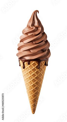 Chocolate soft serve ice cream in a waffle cone. Sweet summer dessert. Isolated on transparent background, png