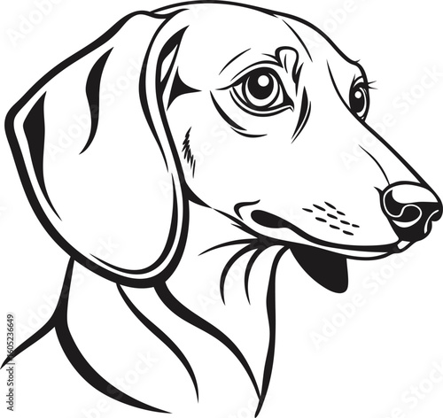 Vector art of a black and white line drawing of a dachshund dogs head in profile