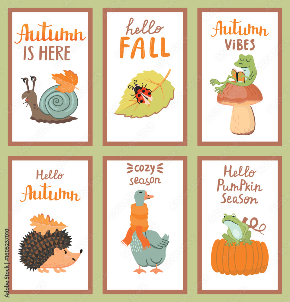 Fototapeta premium Autumn cards set with funny animals, leaves, mushroom, pumpkin, lettering. Snail, ladybug, frog, hedgehog and goose with a scarf. Cute cartoon characters on white background. Vector flat illustration.