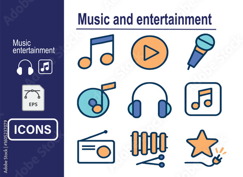 Set of 11 music and entertainment icons vector