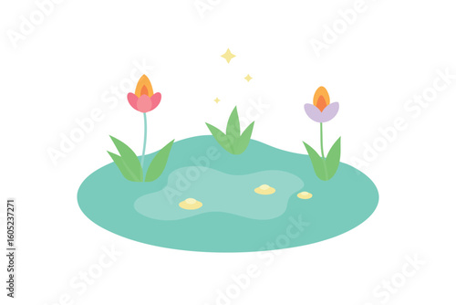 Dreamy Flat Design Of Marsh With Flowers