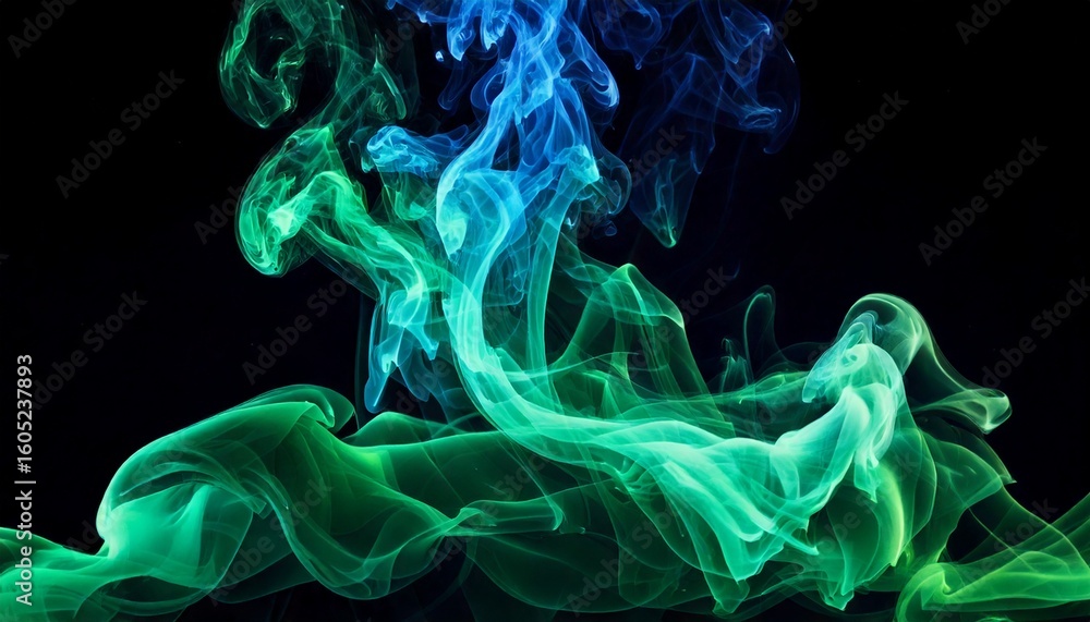 Fototapeta premium Blue and green smoke gracefully dance, swirling and blending in mesmerizing patterns. Their ethereal movements create a captivating visual display, evoking mystery, fluidity, and harmony in the air, e