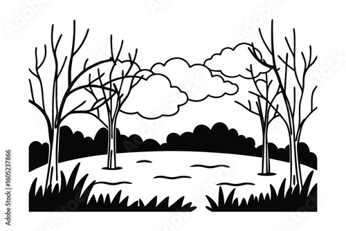 Background Of Misty Swamp With Trees And Fog