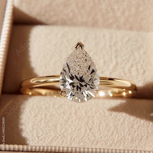 Gold Ring with Pear-Shaped Diamond in Velvet Box – Elegant Jewelry Close-Up
