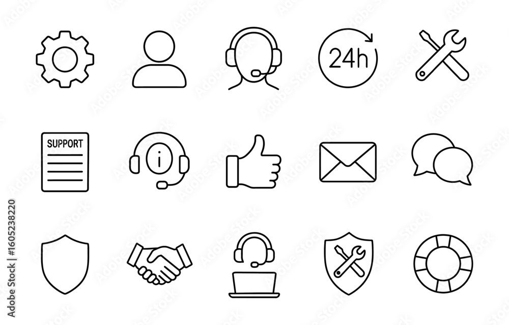 Fototapeta premium Support and service line icons set with headset, 24h, tools, shield, chat, handshake, envelope