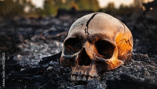 a skull covered with cracks and traces of charring which lies on the ground among ash and burnt remains