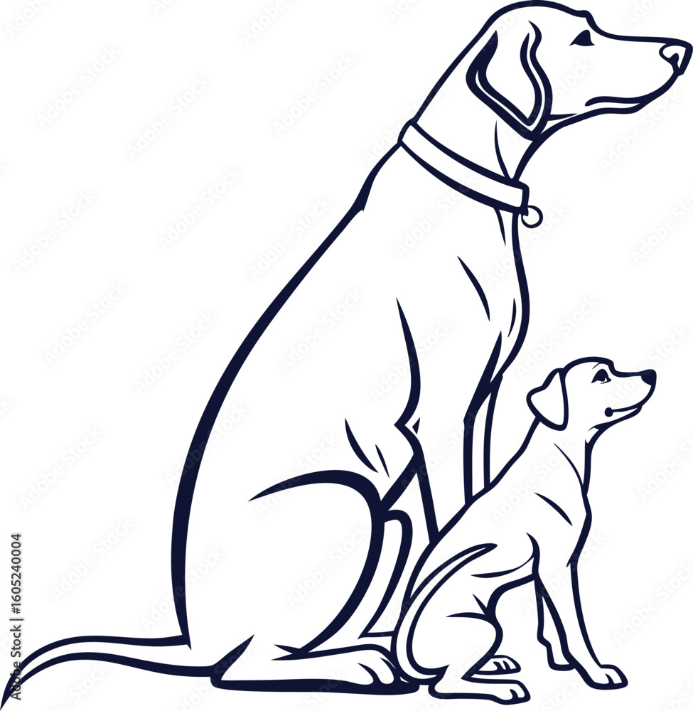 Naklejka premium Vector art of two dogs, one large and one small, sitting side by side in an outline drawing