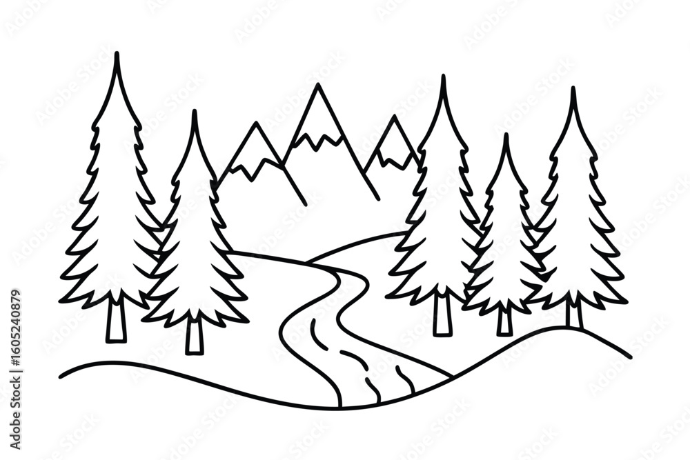 Fototapeta premium Stylized Forest Background With Water Stream