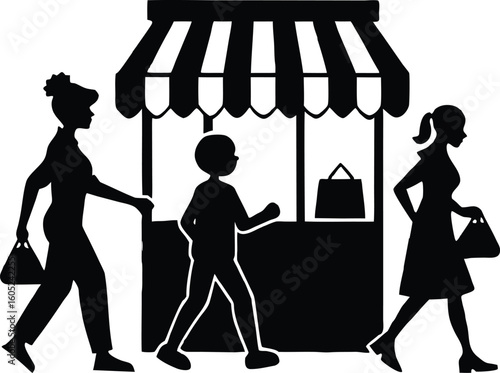 Family Running Small Shop Together Silhouette