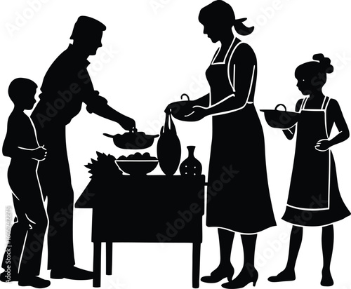 Family Preparing Food for Sale Silhouette