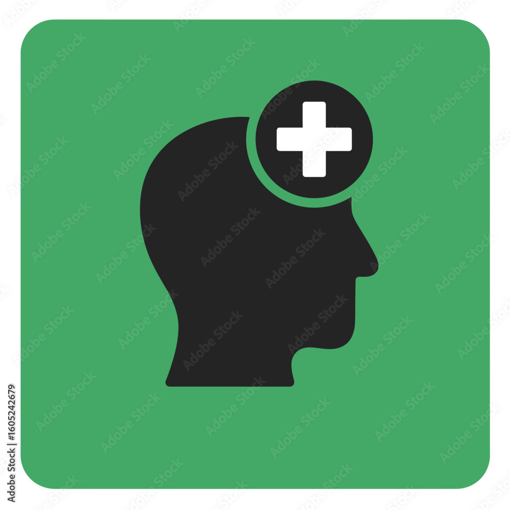 Obraz premium Profile silhouette of head with medical cross symbol on green background - Concept of icons, medicine 