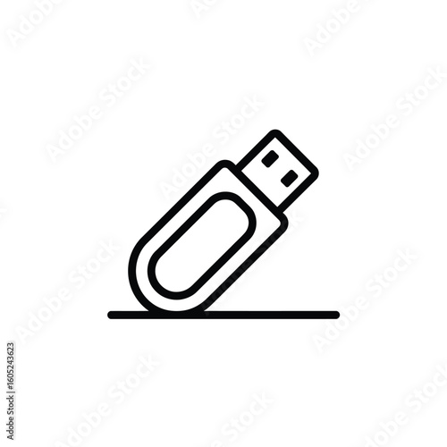 Simple Black and White Outline Illustration of a USB Flash Drive Resting on a Surface