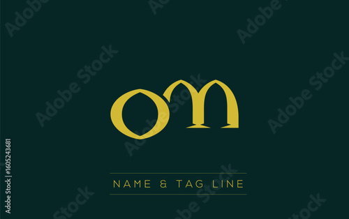 OM logo design. A sophisticated, minimalistic logo design featuring golden stylized typography,  perfect for branding concepts emphasizing luxury, professionalism, and contemporary aesthetics.