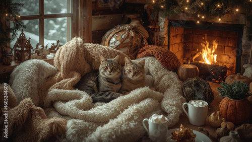 Two cats in a cozy winter house on a soft warm blanket, winter and snow outside the window