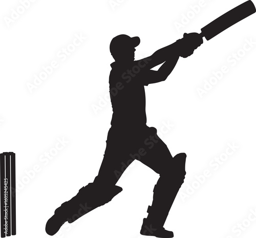 Black silhouette of a cricket batsman hitting a ball with wicket in background sport