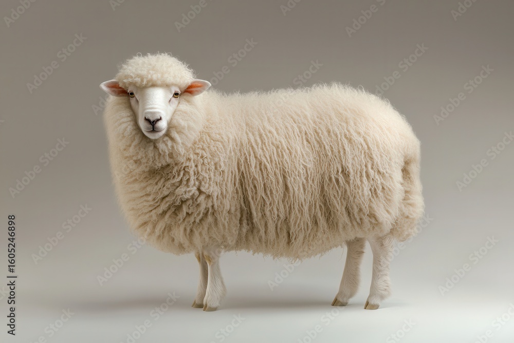 Obraz premium Innocent lamb poses peacefully against stark white background looking docile and fluffy