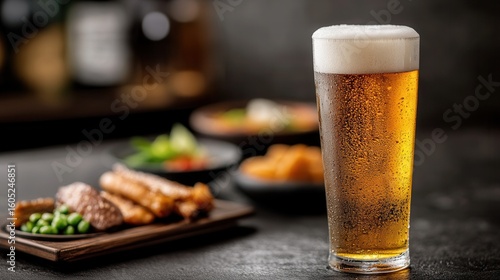 Wallpaper Mural Frosty pint on izakaya counter, golden beer sparkles under lanterns in lively Japanese pub atmosphere Torontodigital.ca