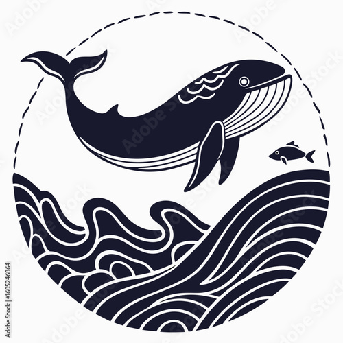 Vector art of a dark whale and a small fish swim in the ocean waves