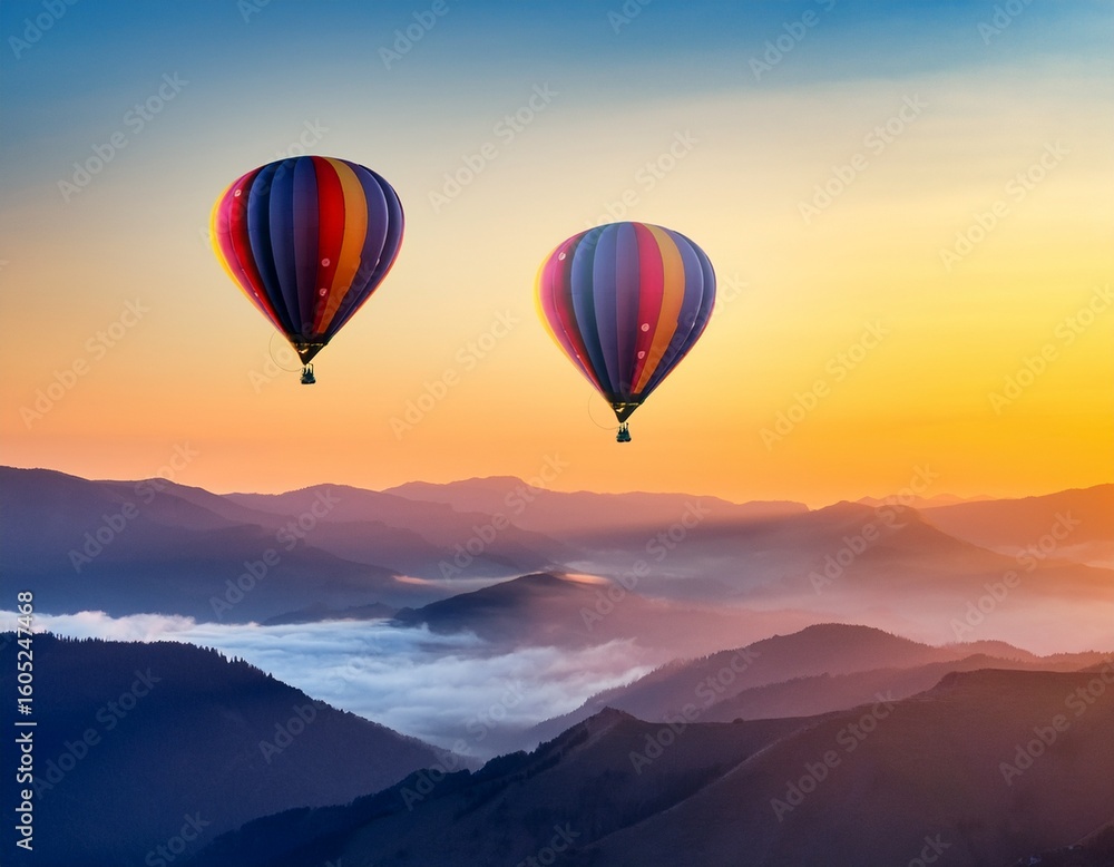 Fototapeta premium colorful hot air balloon over a mountain range at sunrise