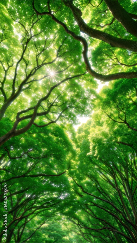 Obraz premium Lush Forest Canopy with Sunlight Streaming Through Green Leaves