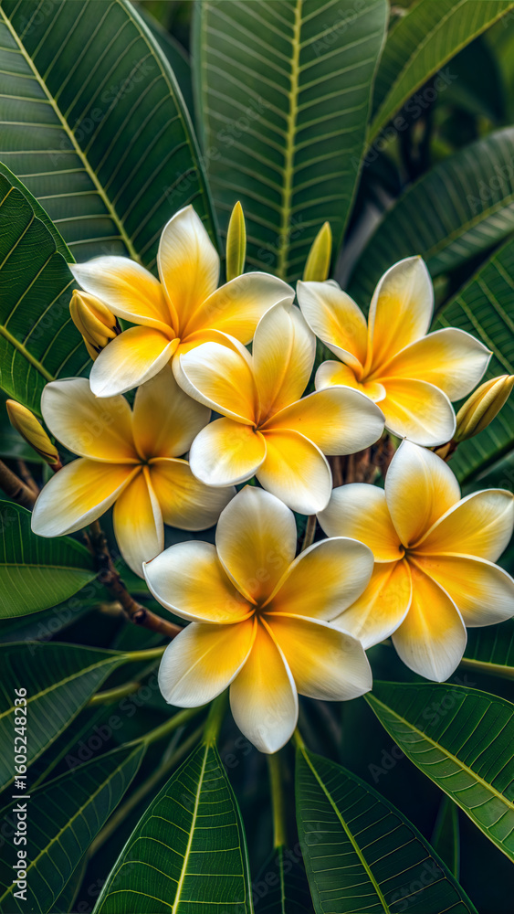Fototapeta premium Exotic Plumeria Flowers Displaying Their Radiant Yellow and White Petals