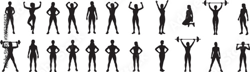 Collection of black female fitness silhouettes in various poses woman exercise