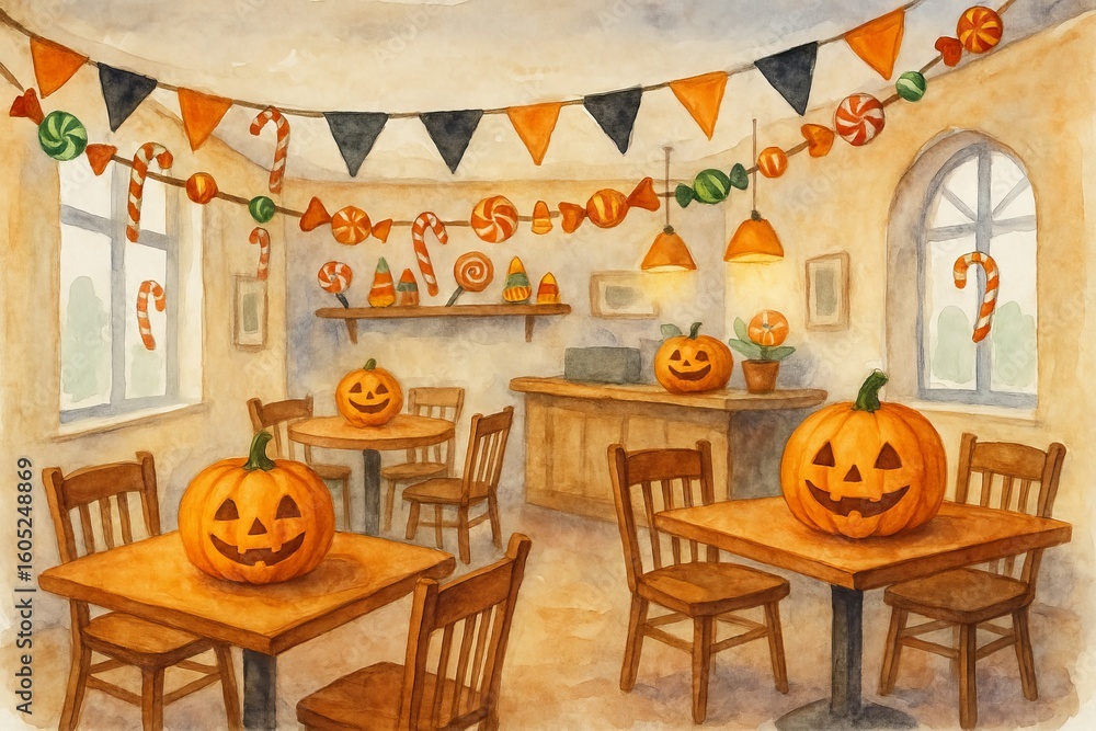 Obraz premium Cozy halloween cafe decorated with jack-o-lanterns and festive banners in watercolor illustration. concept of halloween celebration, festive atmosphere, seasonal decor