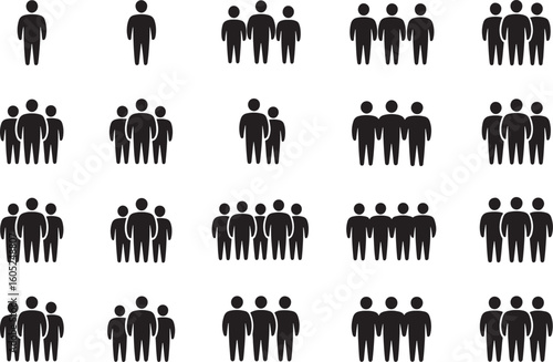 Collection of black human figures in groups and alone on white group people single person