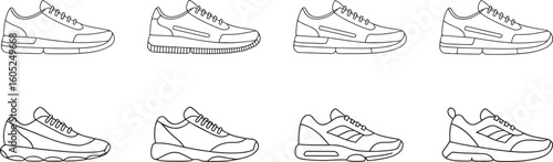 Eight black and white line art drawings of athletic shoes sneaker sneakers