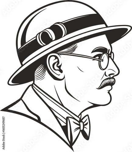 Vector art of a vintage gentleman in a bowler hat, glasses, and bowtie, shown in profile