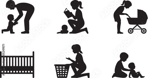 Family activities silhouettes including playing reading and caring for baby child parent