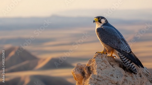 Serene sentinel Falcon perched at Sunrise, overlooking the vast Arabian Desert landscape and bathed in golden light