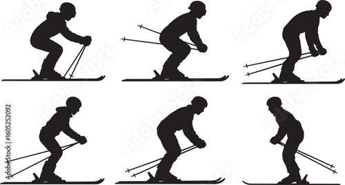 Six black silhouette skiers in various poses on white background skiing winter sport