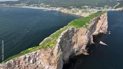 Aerial view of Rocher Perce in Quebec Canada