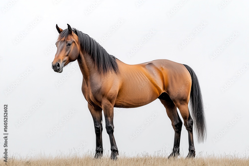 Obraz premium Horse stands elegantly in a bright meadow, with a black mane flowing gently in the breeze