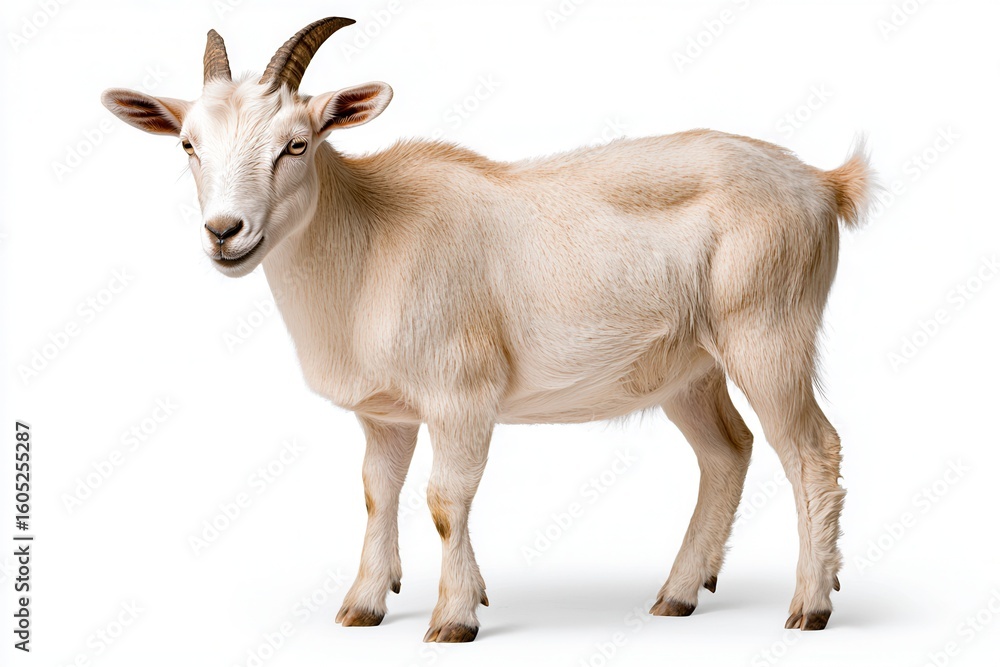 Fototapeta premium Light Brown And White Goat Stands Curiously Against A Pure White Background In The Studio