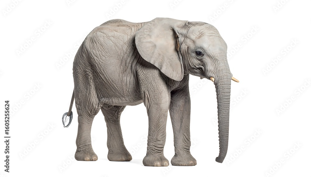 Fototapeta premium Young elephant profile against white