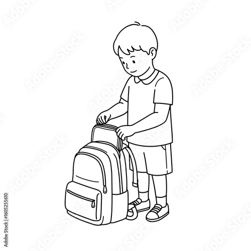 Young boy packing lunch into backpack at home  