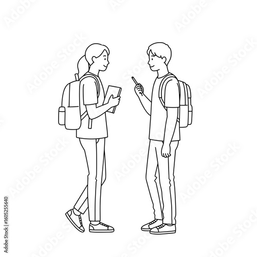 Two students talking and using smartphones with backpacks on  