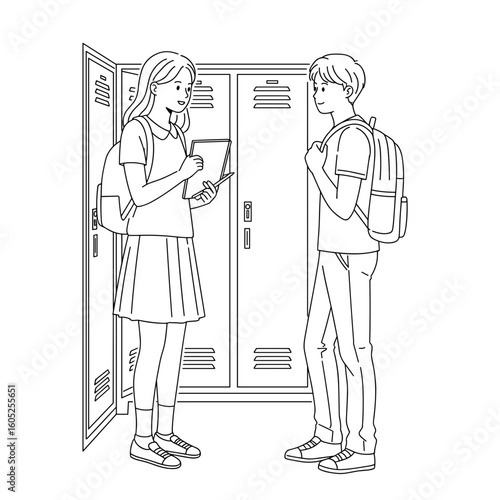 Two students talking and smiling by school lockers  