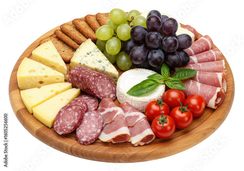 Wallpaper Mural A wooden platter filled with cheese, grapes, crackers, tomatoes, and cured meats for a snack on transparent background Torontodigital.ca