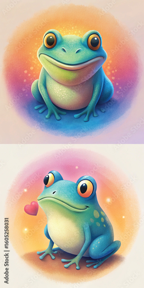 Obraz premium Colorful cartoon frogs smiling with hearts and bright backgrounds 