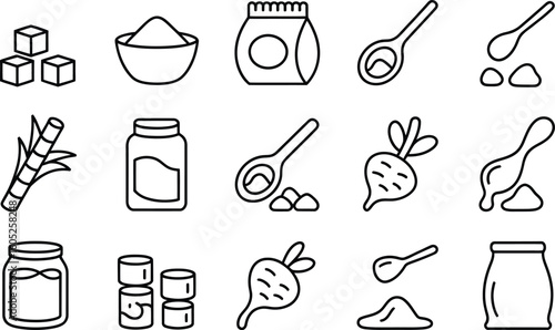 Collection of hand drawn sugar and beet icons in a simple line art style
