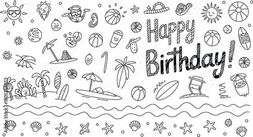 Happy birthday beach theme doodle art with summer icons