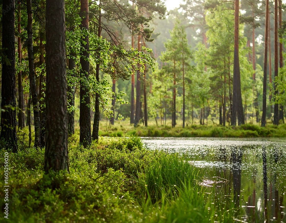 Obraz premium Lush forest beside a tranquil pond